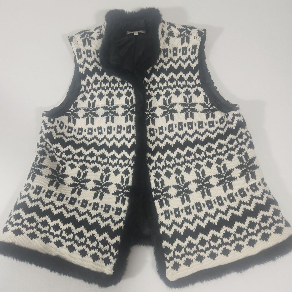 Women's Talbots Knit Fair Isle Sweater Vest Jacket Faux Fur Trim Sz: XL P